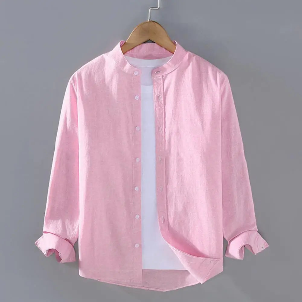 Flax Men Spring And Summer Stand Collar Long Sleeve Fashionable Men's Shirt Cotton Linen Shirt for Men Vintage Vacation Shirts