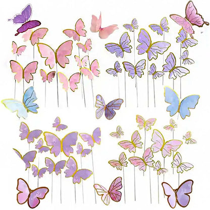 Purple Pink Butterfly Cake Decoration Happy Birthday Cake Topper Wedding Birthday Party Dessert Baking Decoration