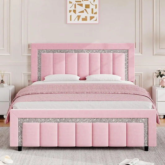 Queen Bed Frame with Headboard, Pink Velvet Upholstered Bed Frame with Diamond Footboard, Soft Bed Frames, Vertical Chann
