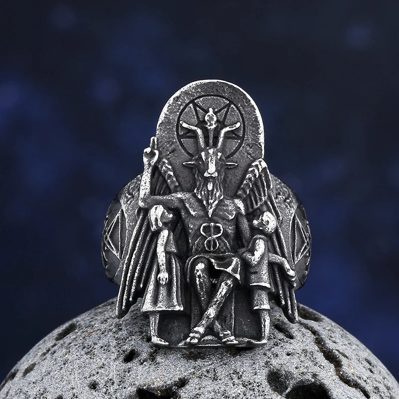 Vintage Lucifer Seal Signet Ring – Gothic Punk 316L Stainless Steel Black Stone