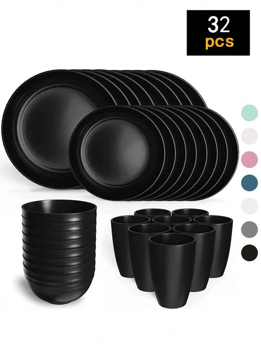 4/16/24pcs Reusable plastic tableware set, including plates, bowls and cups