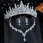 Luxury Silver Color Opal Water Drop Crown Bridal Rhinestone Tiaras and Necklace Earrings Jewelry Set