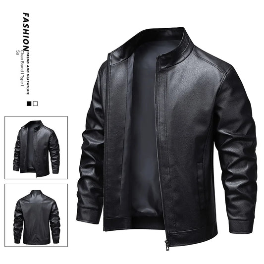 Men’s Leather‑Style Stand‑Collar Jacket – Windproof Casual