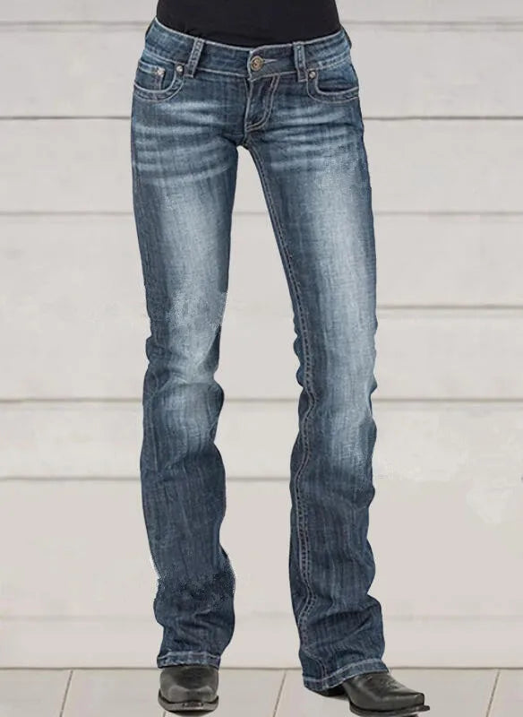 Flare Pants Women Vintage Jeans Embroidery Low Waist Skinny Washed Distressed Streetwear Denims Trousers Floor Length