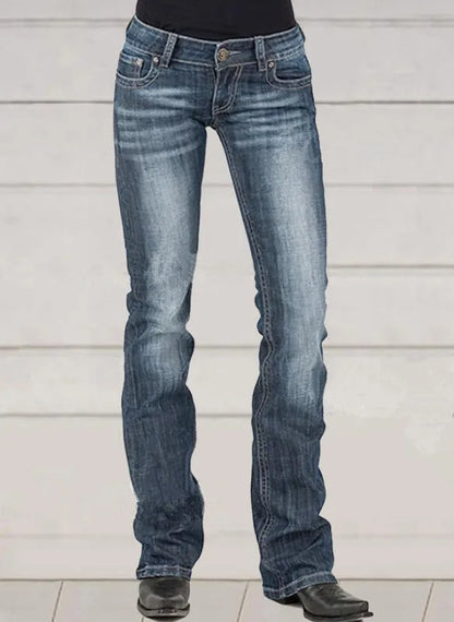 Flare Pants Women Vintage Jeans Embroidery Low Waist Skinny Washed Distressed Streetwear Denims Trousers Floor Length