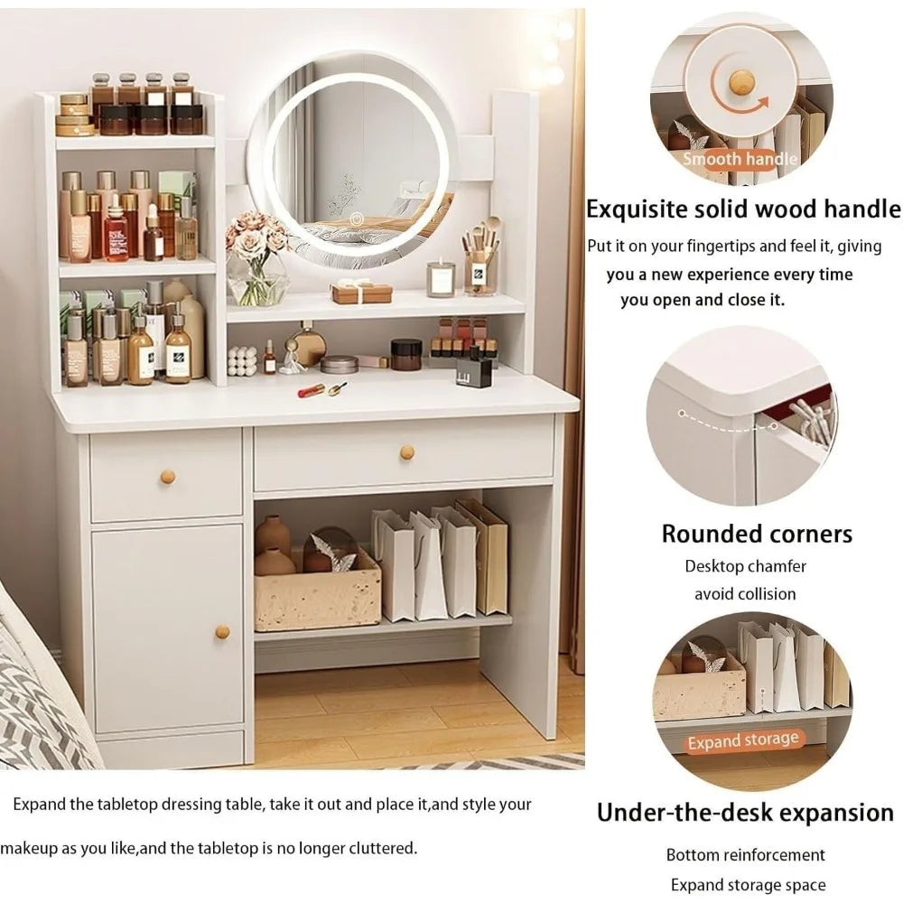 Dressing Table,Makeup Table with Drawers, Vanity Desk with Mirror and led Lights,3 Lighting Mode,Makeup Vanity