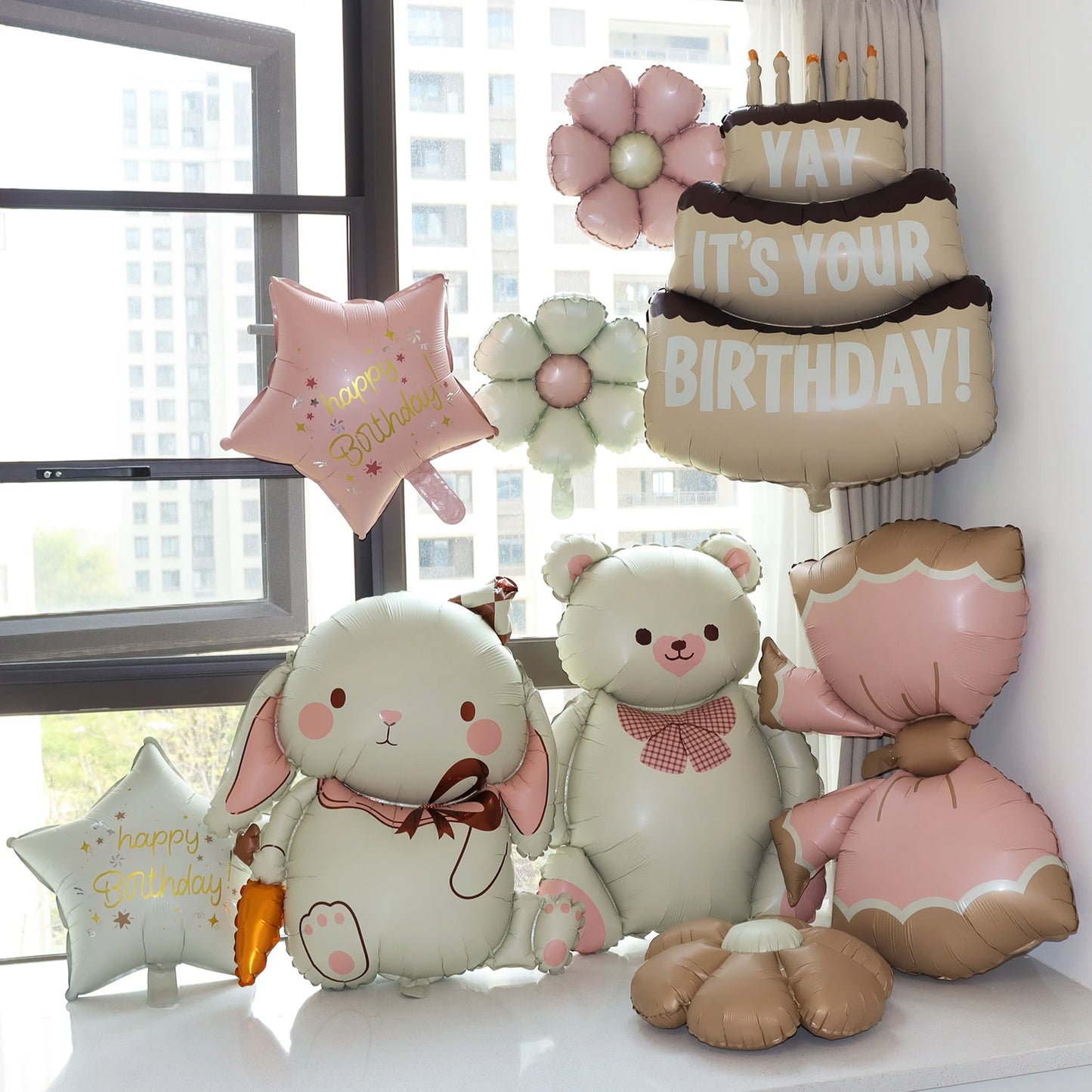 Happy Birthday Animal Foil Ballo﻿ Cute Matte on Bear Rainbow Bow Dinosaur Candy Balloon Design