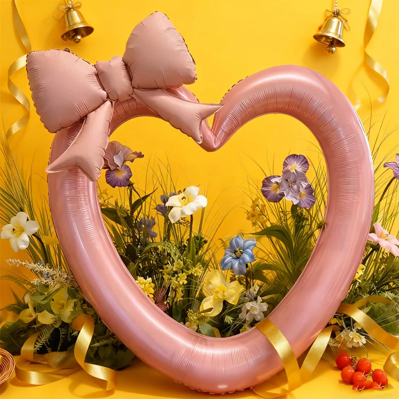 Pink Hollow Heart & Bow Foil Balloons for Birthday, Valentine’s Day & Shower Décor