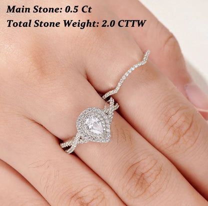 2 Pcs 925 Sterling Silver Wedding Rings for Women Engagement Ring Sets 2.0 Ct Pear Shape Teardrop AAAAA Zircon BR0829