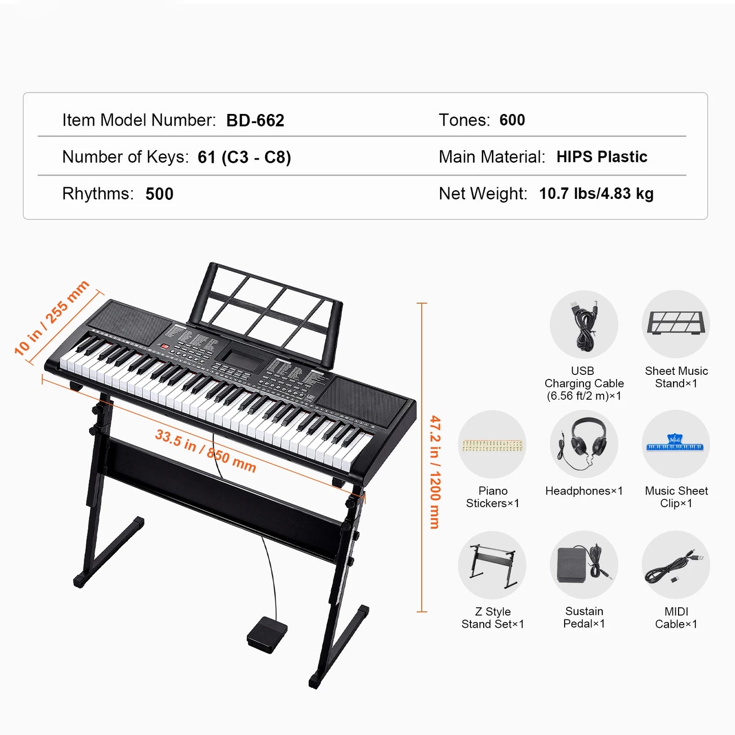 SucceBuy 61‑Key Digital Keyboard – Portable Electric Piano with 200–600 Tones & 200–500 Rhythms for Beginners