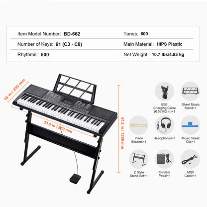 SucceBuy 61‑Key Digital Keyboard – Portable Electric Piano with 200–600 Tones & 200–500 Rhythms for Beginners
