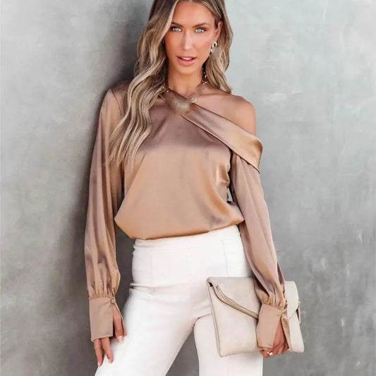 Women Fashion Sexy Slash Neck Satin Blouse Solid Color Long Sleeve Off Shoulder Office Shirt  Lady Casual  Loose Blouse Tops