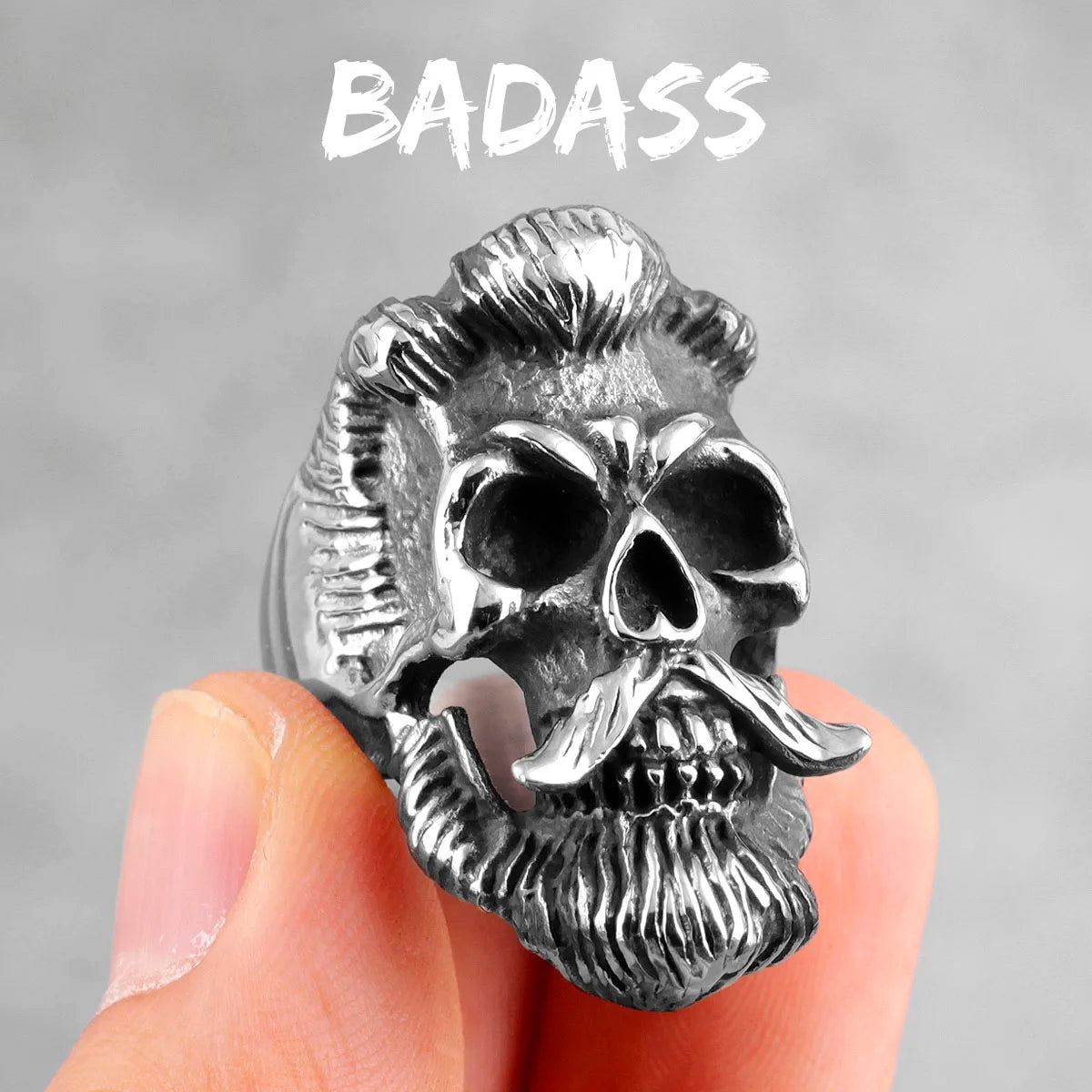 Big Beard Hippie Skull Ring – Stainless Steel Punk Biker Jewelry for Men, Cool Hip‑Hop Style Gift
