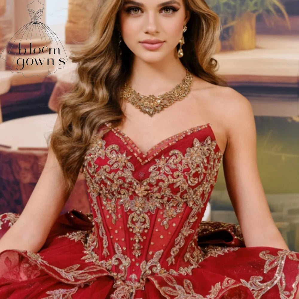 Customized Mexican Red Quinceanera Dress Ball Gown Gold Lace Applique Beading Tiered Sweet 16 Vestido De 15 Anos