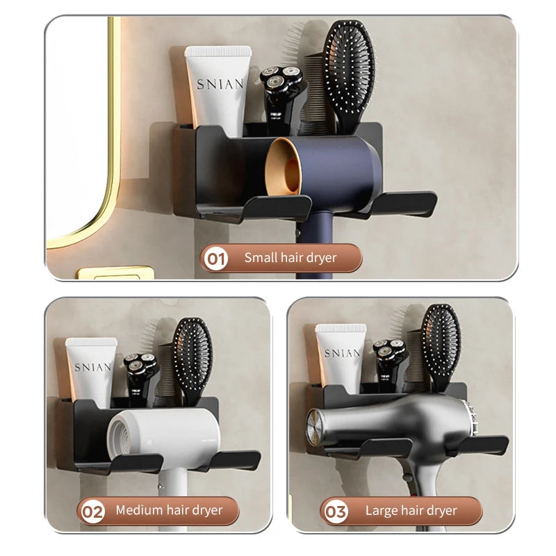 Wall mounted non perforated hair dryer storage rack