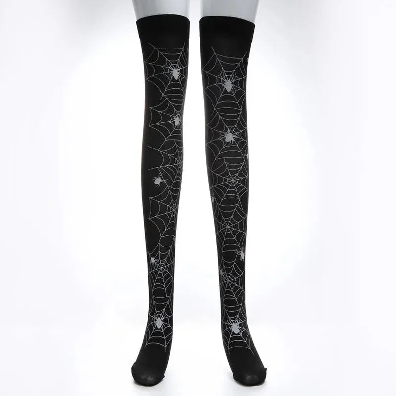 Gothic Skull Bat Spider Thigh‑High Stockings – Harajuku Emo Alternative Sexy Tights with Garters
