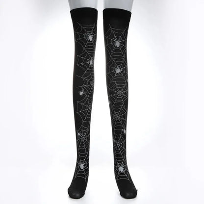 Gothic Skull Bat Spider Thigh‑High Stockings – Harajuku Emo Alternative Sexy Tights with Garters