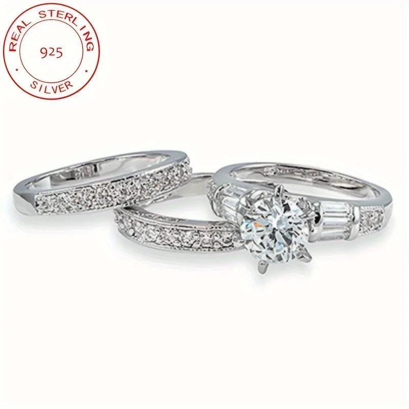 3pcs/set 925 Sterling Silver Women Ring Set Jewelry CZ Engagement Wedding Stackable Rings Banquet Party Jewelry