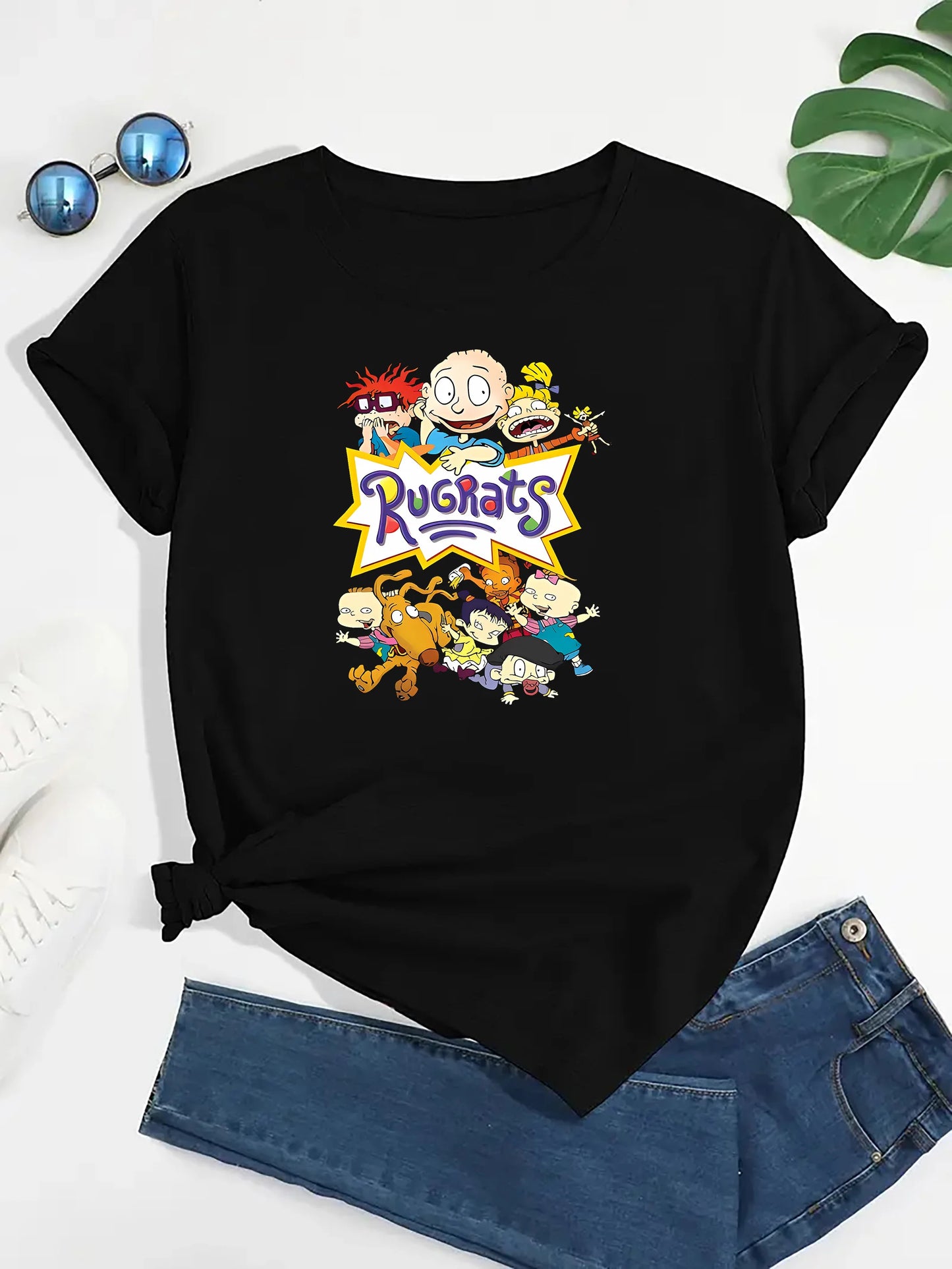 Casual Breathable Polyester-Spandex Women's Rugrats Cartoon Graphic Print T-Shirt Short Sleeve Crew Neck
