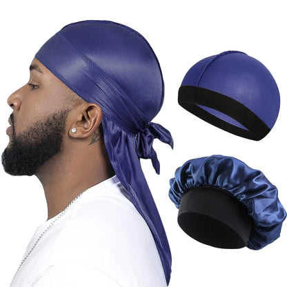 Set of 3 Men’s Silky Durags: Long Tail Pirate Hat, Headband Turban, Dome Wave Cap, Unisex Wig Cap with Elastic Band, Satin Bonnet