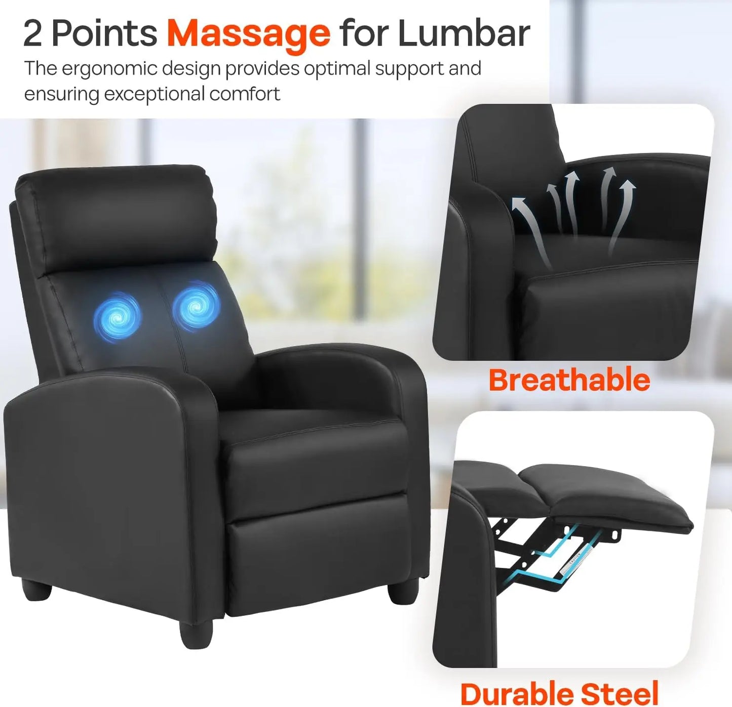 Black Leather Massage Recliner Chair with Lumbar Support & Adjustable Backrest