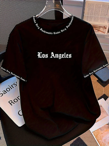 Men's Oversized Los Angeles Letter Print T-Shirt Polyester Summer Breathable Fabric Stylish Minimalist Short-Sleeve Design