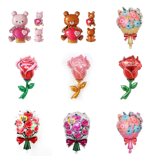 Cute Bear Foil Balloons with Flowers – Valentine’s, Wedding, Anniversary & Birthday Decoration