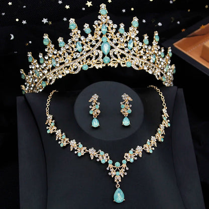 Luxury Silver Color Opal Water Drop Crown Bridal Rhinestone Tiaras and Necklace Earrings Jewelry Set