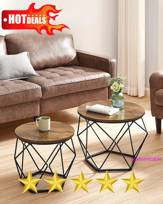 2025-Small Coffee Table Set of 2, with Steel Frame, for Living Room, Bedroom, Office, Rustic Brown and Ink Black