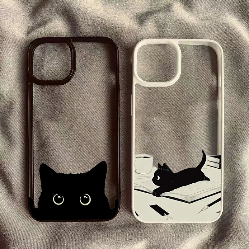 Cute Black Cat Pattern Hard Clear Phone Case For iPhone 15 16 Pro Max Plus 14 13 12 11 Pro  XR X XS Max Plus SE2 Cover