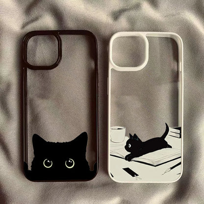 Cute Black Cat Pattern Hard Clear Phone Case For iPhone 15 16 Pro Max Plus 14 13 12 11 Pro  XR X XS Max Plus SE2 Cover