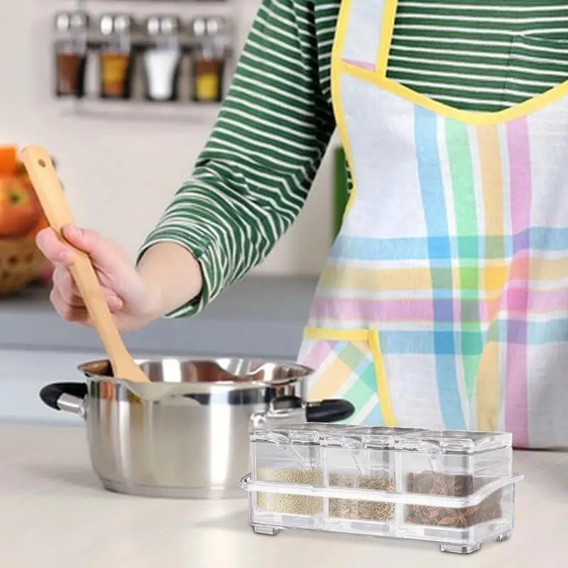3 Grids/4 Grids camping Condiment Organizer Jars Clear Condiment Salt Storage Canisters Acrylic Kitchen Condiment Jar With Spoon