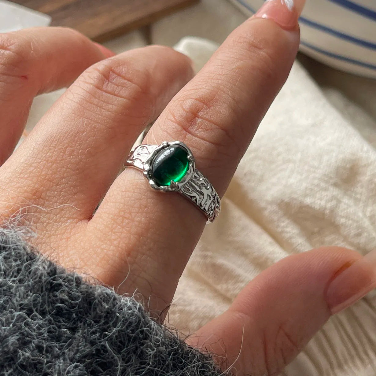 925 Sterling Silver Rings For Women Geometric Fine Jewelry Adjustable Simple Wide Black Stone Retro Ring For Party Birthday Gift