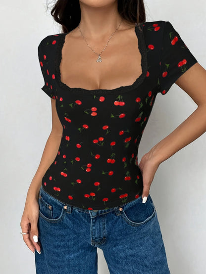 Women's Floral Print Lace Trim Button Front Off Shoulder Vintage Blouse