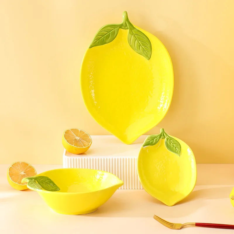 Creative Cartoon Lemon Shaped Ceramic Dinner Plate Soup Bowl Family Fruit Snack Dishes Kitchen Utensils Accessories Tableware