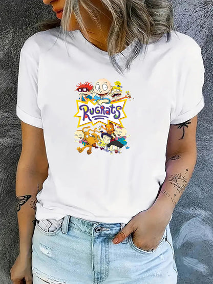 Casual Breathable Polyester-Spandex Women's Rugrats Cartoon Graphic Print T-Shirt Short Sleeve Crew Neck
