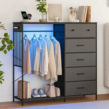 150cm Chest of Drawers, Reversible 6 Fabric Drawers Hanging Rack Dresser Closet w/LED Lights & Charging Station for Kids Bedroom