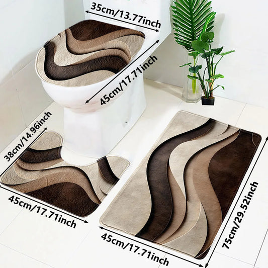 A coffee colored wave pattern three piece set can be purchased individually or set together for bathroom carpets