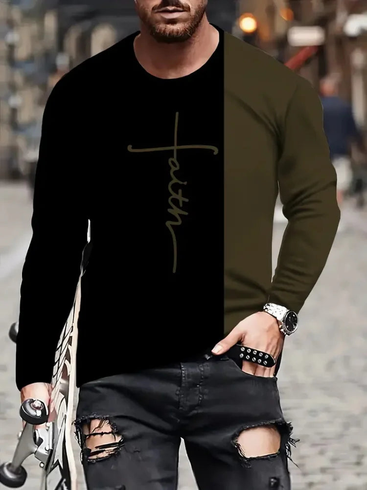 Fashion Trend Men's Crew-neck Long Sleeves Cross 3D Printed Men's Casual Pullover T-shirt Casual All-match Men's Top S-5XL