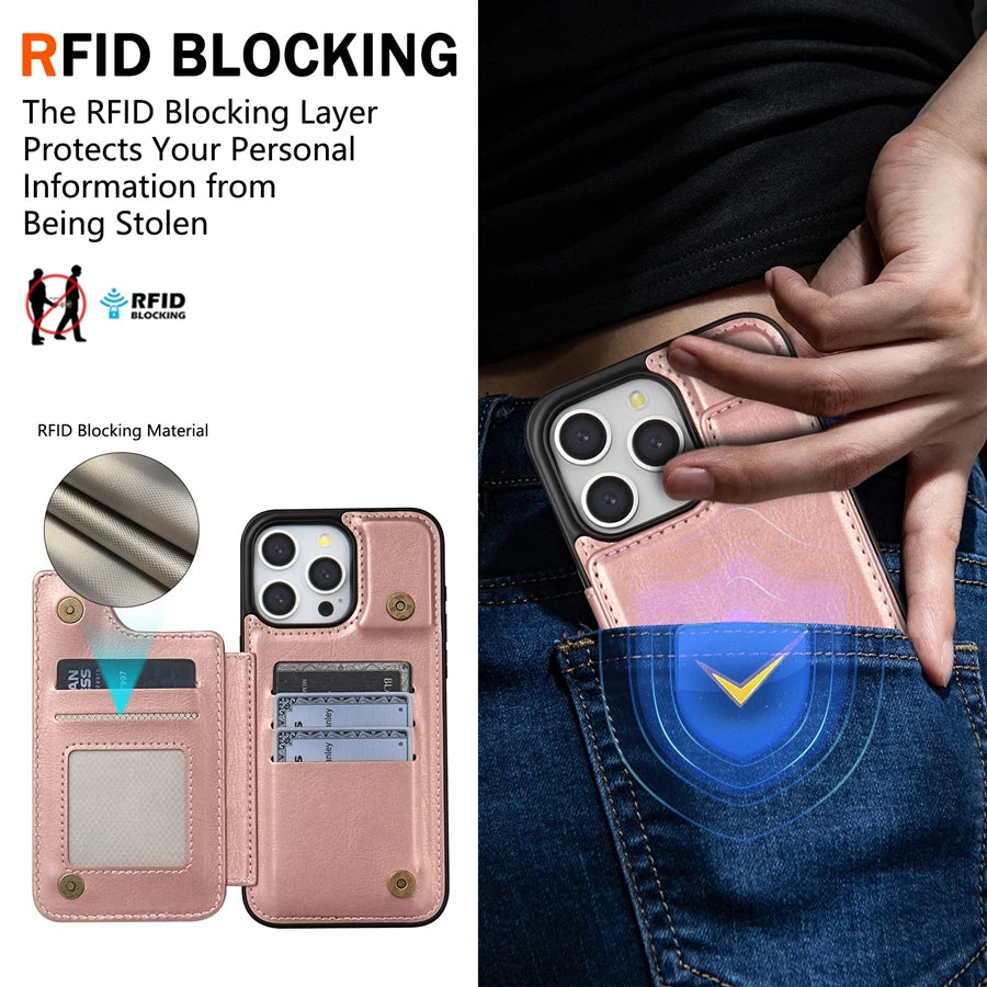 Magnetic Wallet Case for iPhone – Solid‑Color Leather Cover with Double Buckle, RFID‑Blocking Card Holder (iPhone 15/14/13/12/11, XR, XS, SE2, 8, 7)
