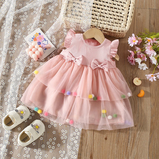 Infant Girl Summer Dress Cute Pink Knit Bow Flying Sleeve Gauze DressBirthday Party for Girl Princess Dress