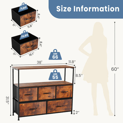 TV Stand Dresser For Bedroom With 5 Fabric Drawers Storage JHK