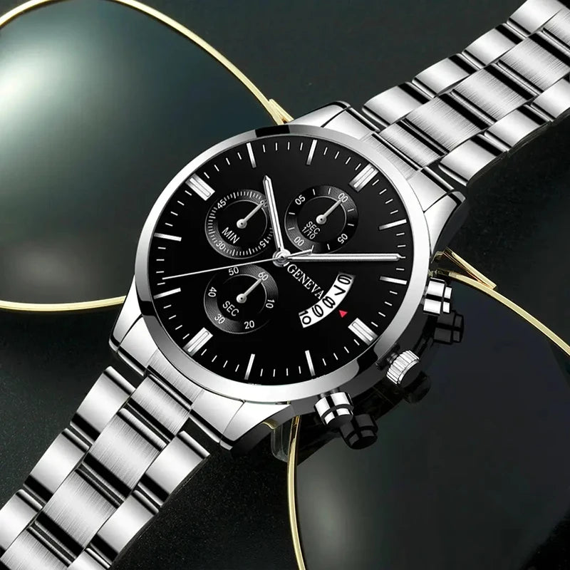3PCS/Set Men's Casual Stainless Steel Luxury Calendar Quartz Watch,1 Pc Bracelet, 1 Pc Necklace
