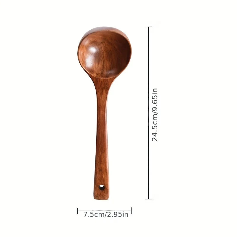 1pc Non-Stick Wooden Cooking Spoon, Daily Solid Anti-scalding Soup Ladle For Kitchen