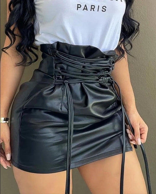 Women's Fashion Mini Short Lace up Sexy High Waist Wrap Hip Pu Leather  Pleated Mini Skirt