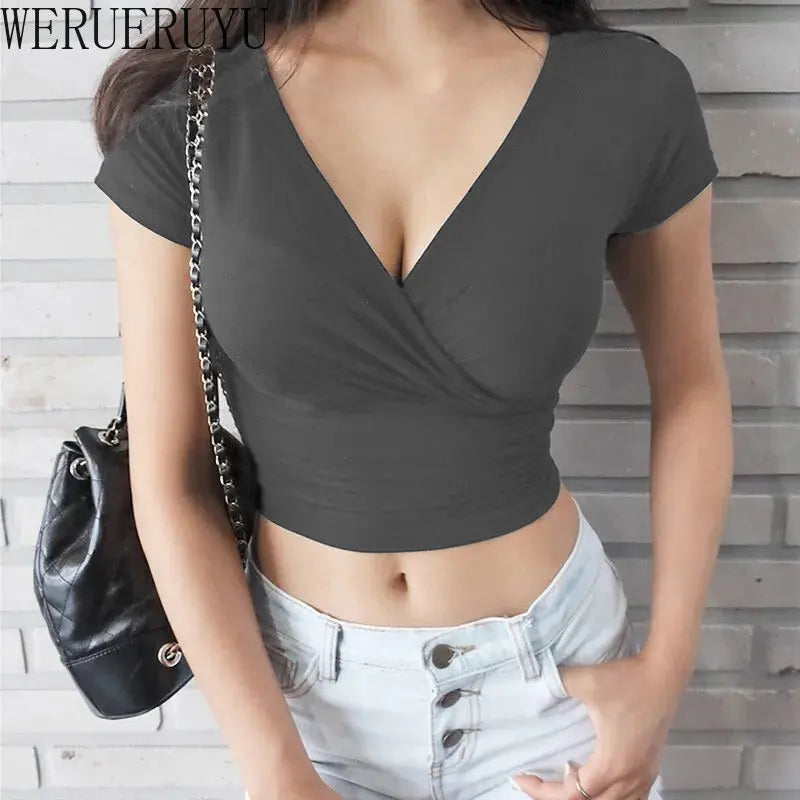 Sexy V-neck Short Sleeve Crop Top for Women