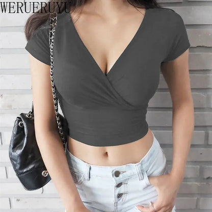 Sexy V-neck Short Sleeve Crop Top for Women