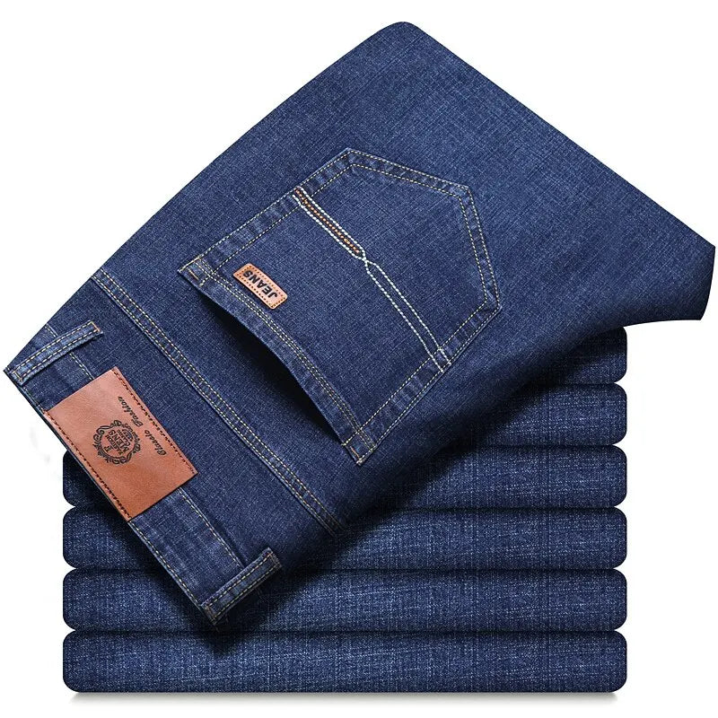 Men Fashion Straight Jeans Mens 2025 New Stretch Slim Fit Pants Comfortable Soft Business Denim Trousers Male Brand Clothing