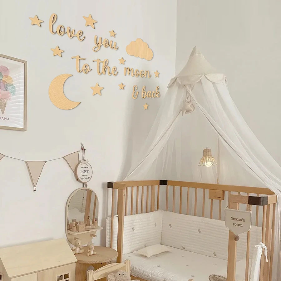 18-Piece Wooden Wall Stickers with the Phrase "Love You to the Moon," Children's Room Star and Moon Cloud Decoration Set, Nordic Style Wooden Star and Moon Letter Wall Decor, Cozy Love Message Soft Decoration for Baby Room, B