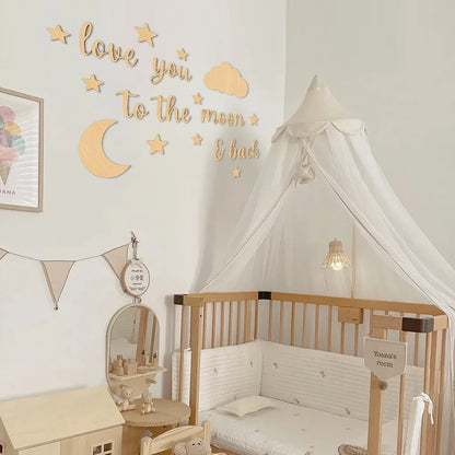 18-Piece Wooden Wall Stickers with the Phrase "Love You to the Moon," Children's Room Star and Moon Cloud Decoration Set, Nordic Style Wooden Star and Moon Letter Wall Decor, Cozy Love Message Soft Decoration for Baby Room, B